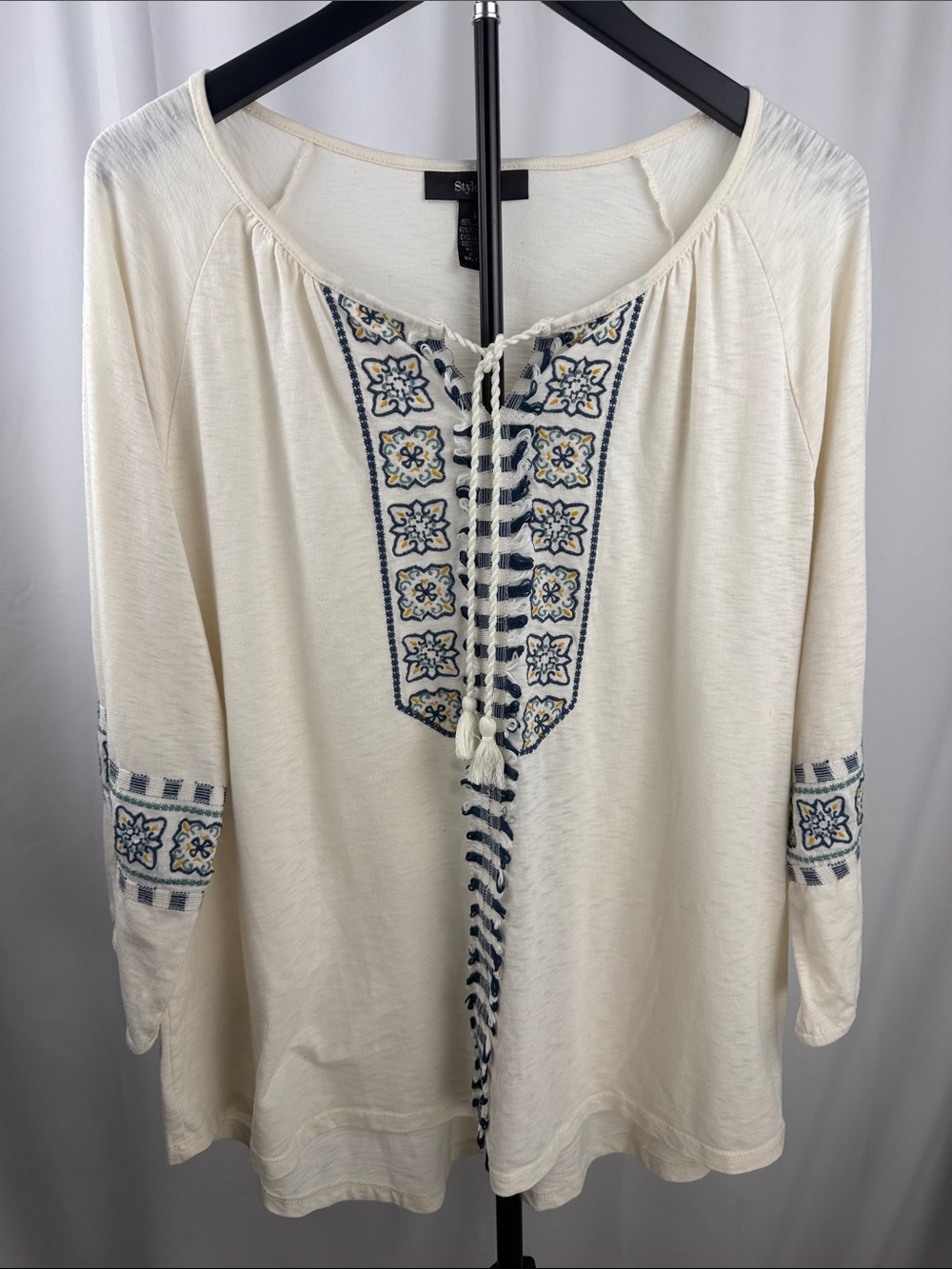 Style & Co. Cream Peasant Tunic with Navy & Yellow Embroidery